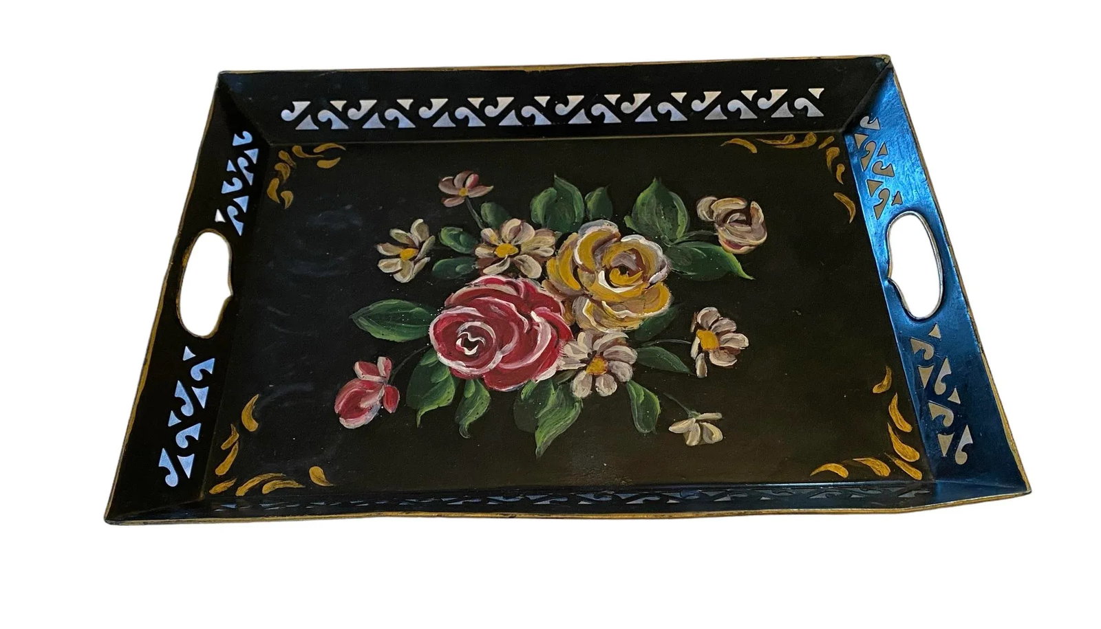 Vintage Black Hand Painted Tole Rectangular Tray With Roses Design - 12