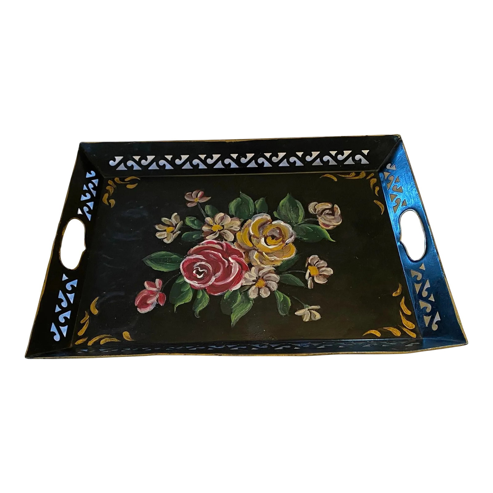 Vintage Black Hand Painted Tole Rectangular Tray With Roses Design (1 of 12)