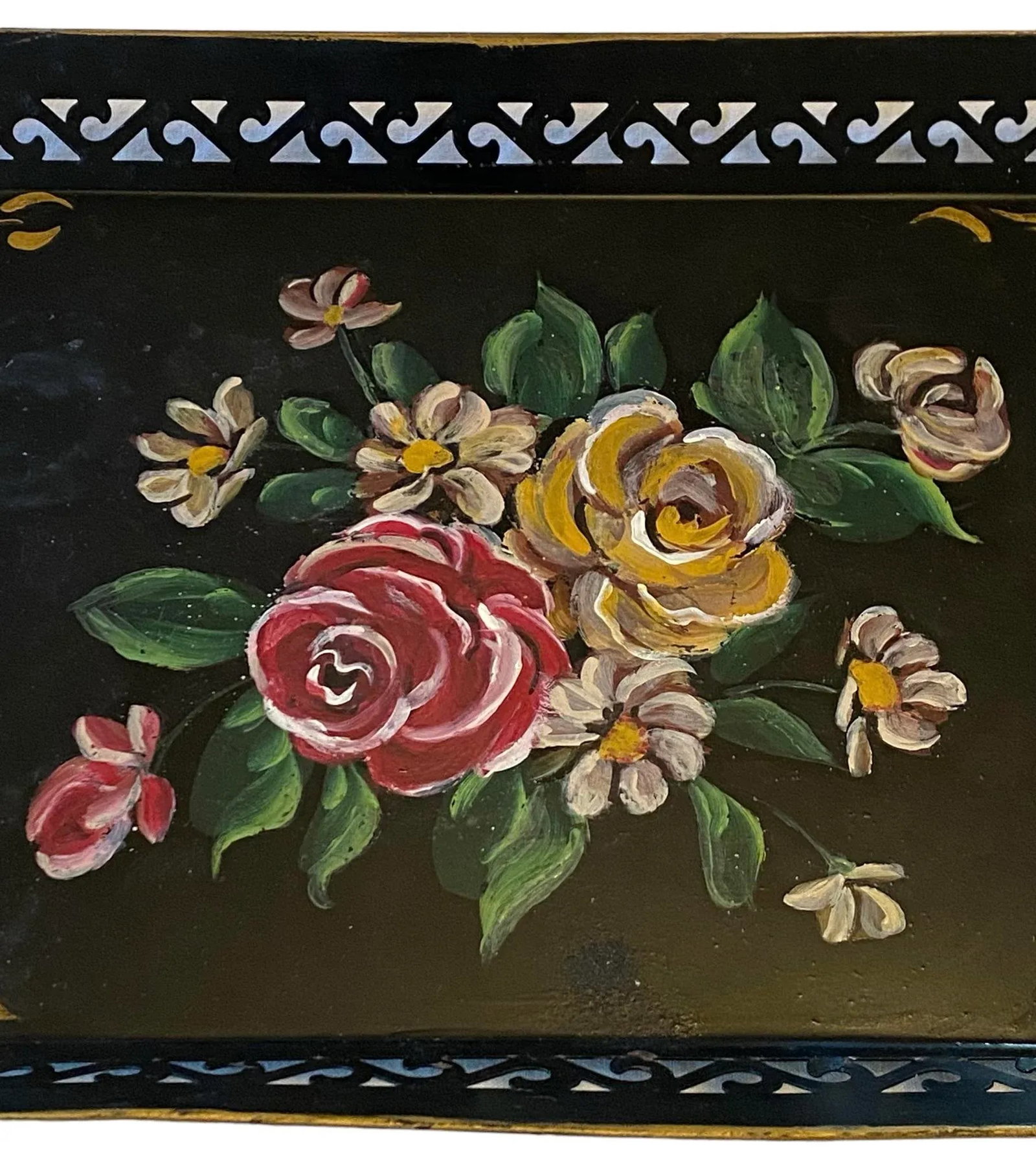 Vintage Black Hand Painted Tole Rectangular Tray With Roses Design - 2