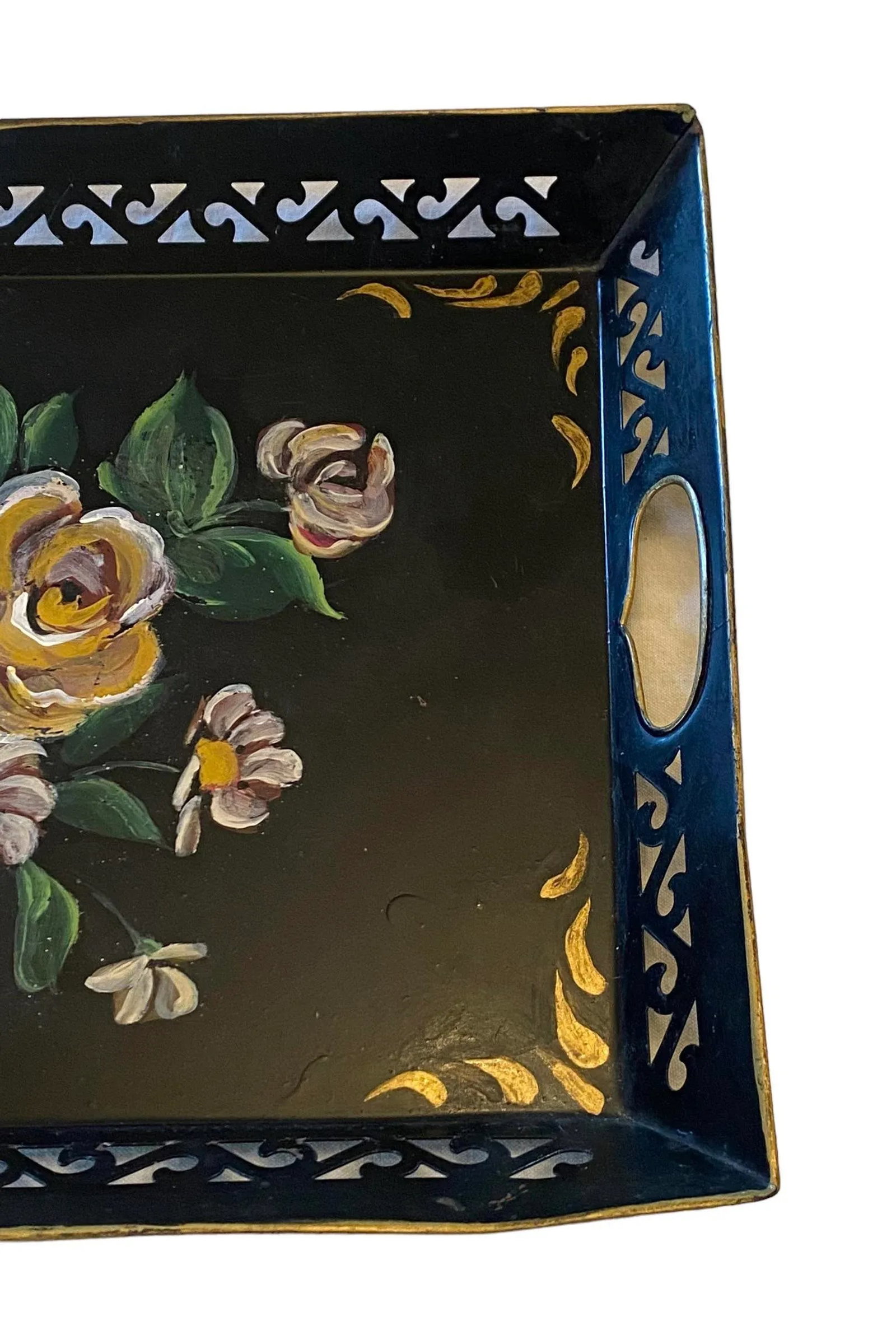Vintage Black Hand Painted Tole Rectangular Tray With Roses Design - 3