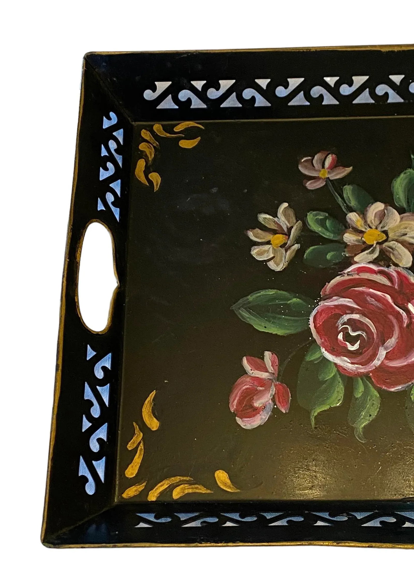 Vintage Black Hand Painted Tole Rectangular Tray With Roses Design - 4