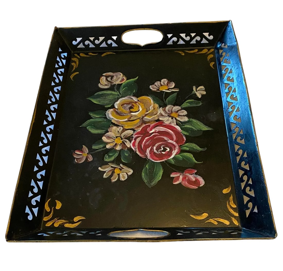 Vintage Black Hand Painted Tole Rectangular Tray With Roses Design - 5