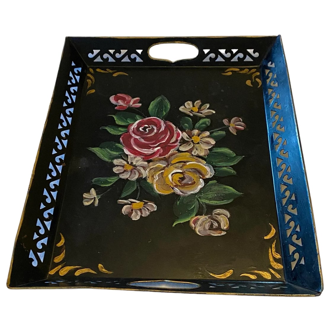 Vintage Black Hand Painted Tole Rectangular Tray With Roses Design - 6