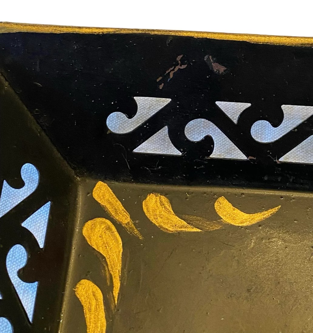 Vintage Black Hand Painted Tole Rectangular Tray With Roses Design - 7