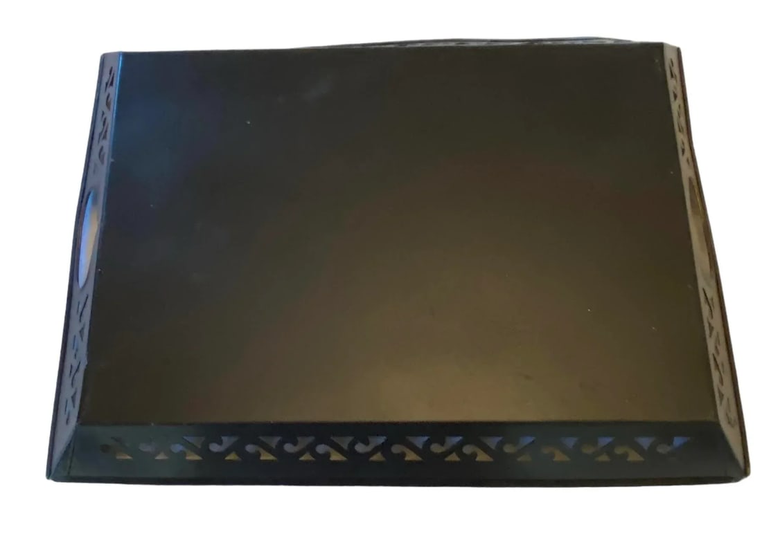 Vintage Black Hand Painted Tole Rectangular Tray With Roses Design - 8