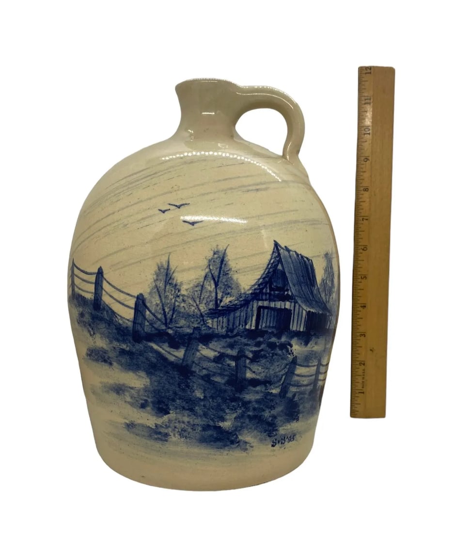 1995 Paul Storie Marshall Texas Hand-Painted Pottery Stoneware Jug With Cobalt Blue Barn and Rustic - 11