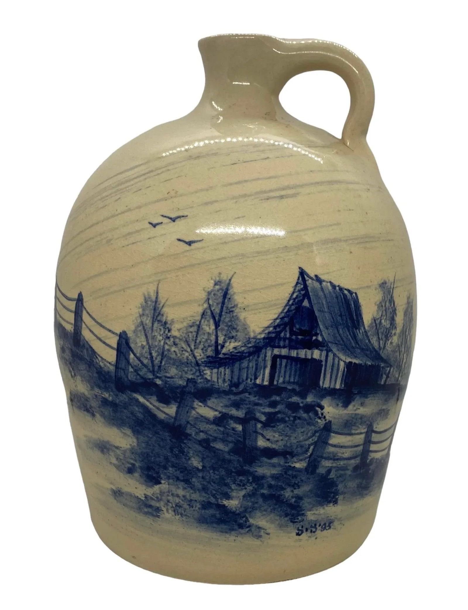1995 Paul Storie Marshall Texas Hand-Painted Pottery Stoneware Jug With Cobalt Blue Barn and Rustic - 12