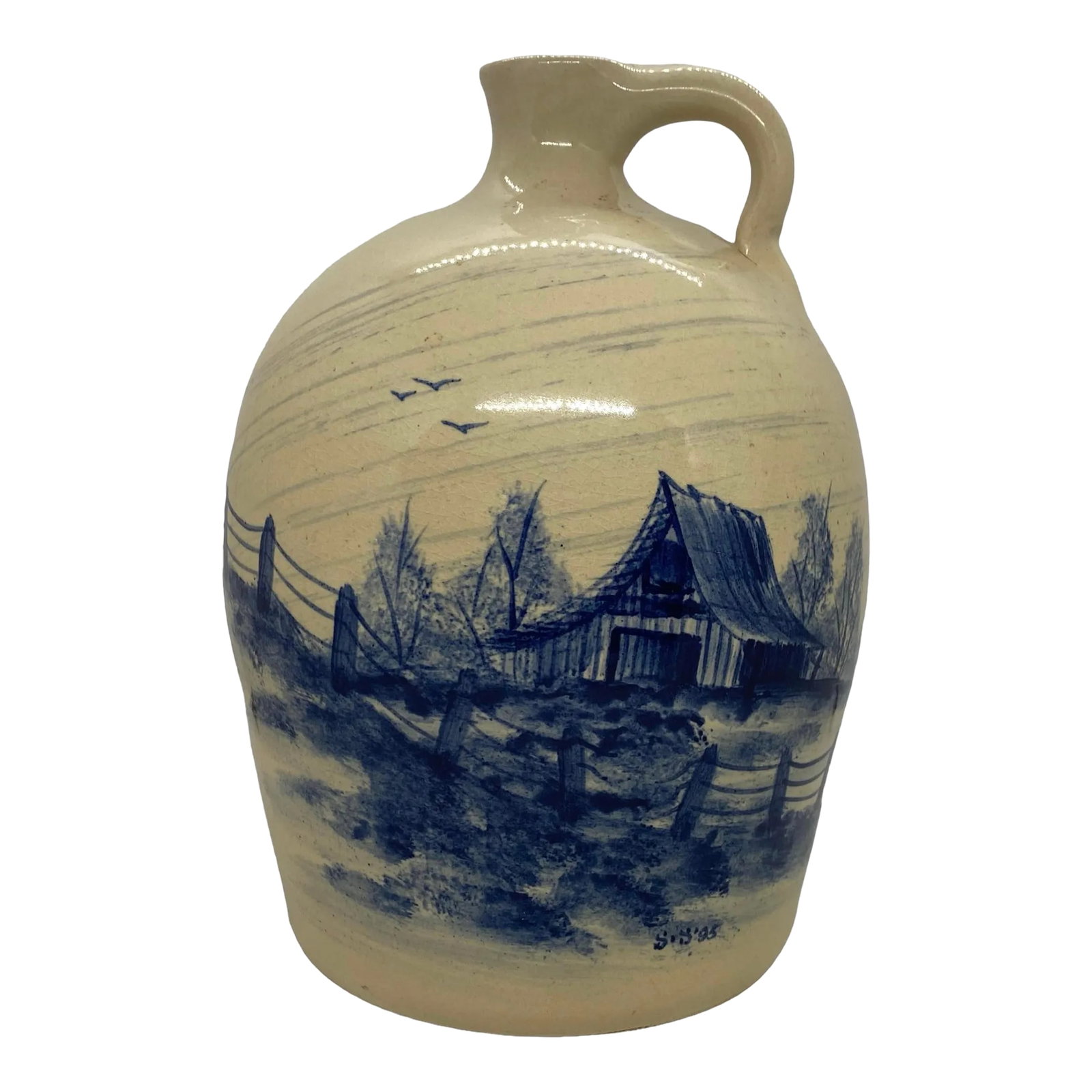 1995 Paul Storie Marshall Texas Hand-Painted Pottery Stoneware Jug With Cobalt Blue Barn and Rustic: 1995 Paul Storie Marshall Texas 10 3/4" Handpainted Pottery Stoneware Jug With Blue Barn and Rustic Scene Signed S.S. '95. This beautiful vintage jug was made in 1995, Marshall Texas. The jug