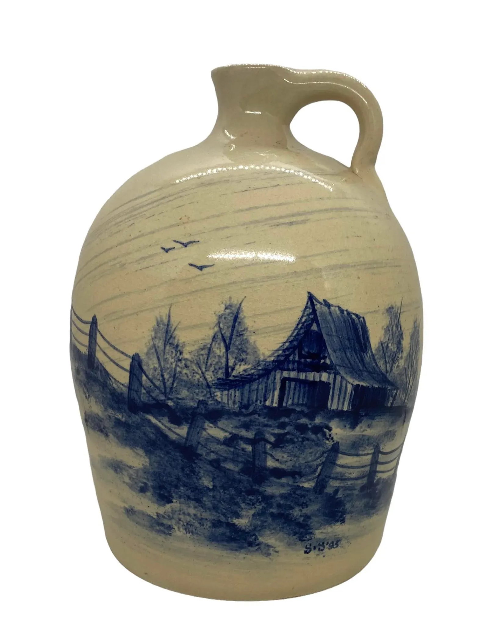 1995 Paul Storie Marshall Texas Hand-Painted Pottery Stoneware Jug With Cobalt Blue Barn and Rustic - 2
