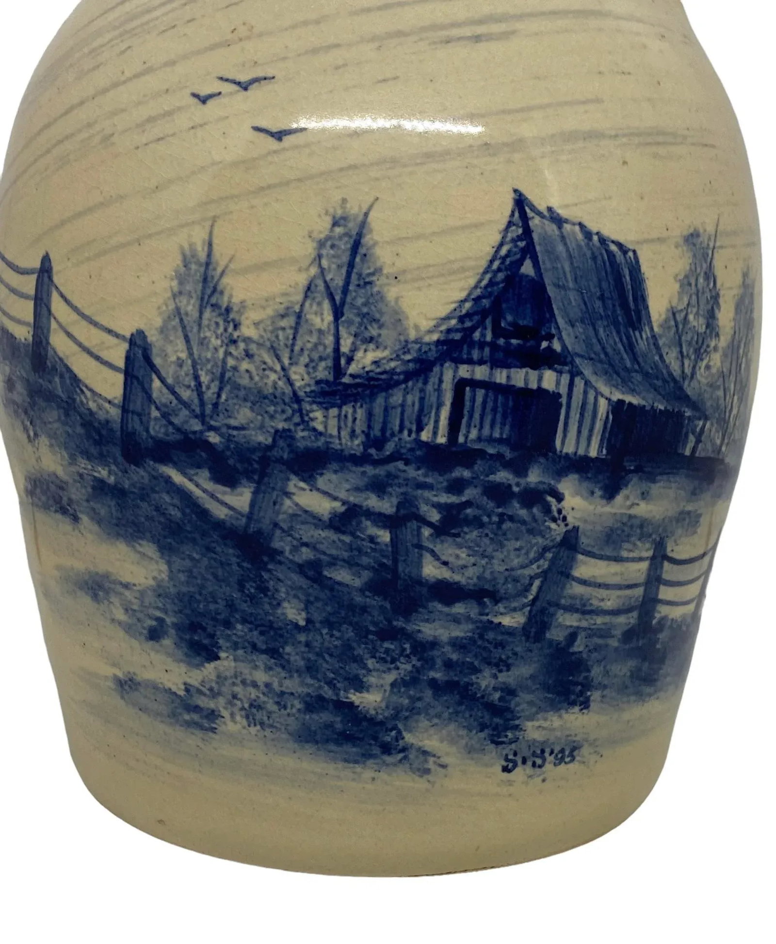 1995 Paul Storie Marshall Texas Hand-Painted Pottery Stoneware Jug With Cobalt Blue Barn and Rustic - 3