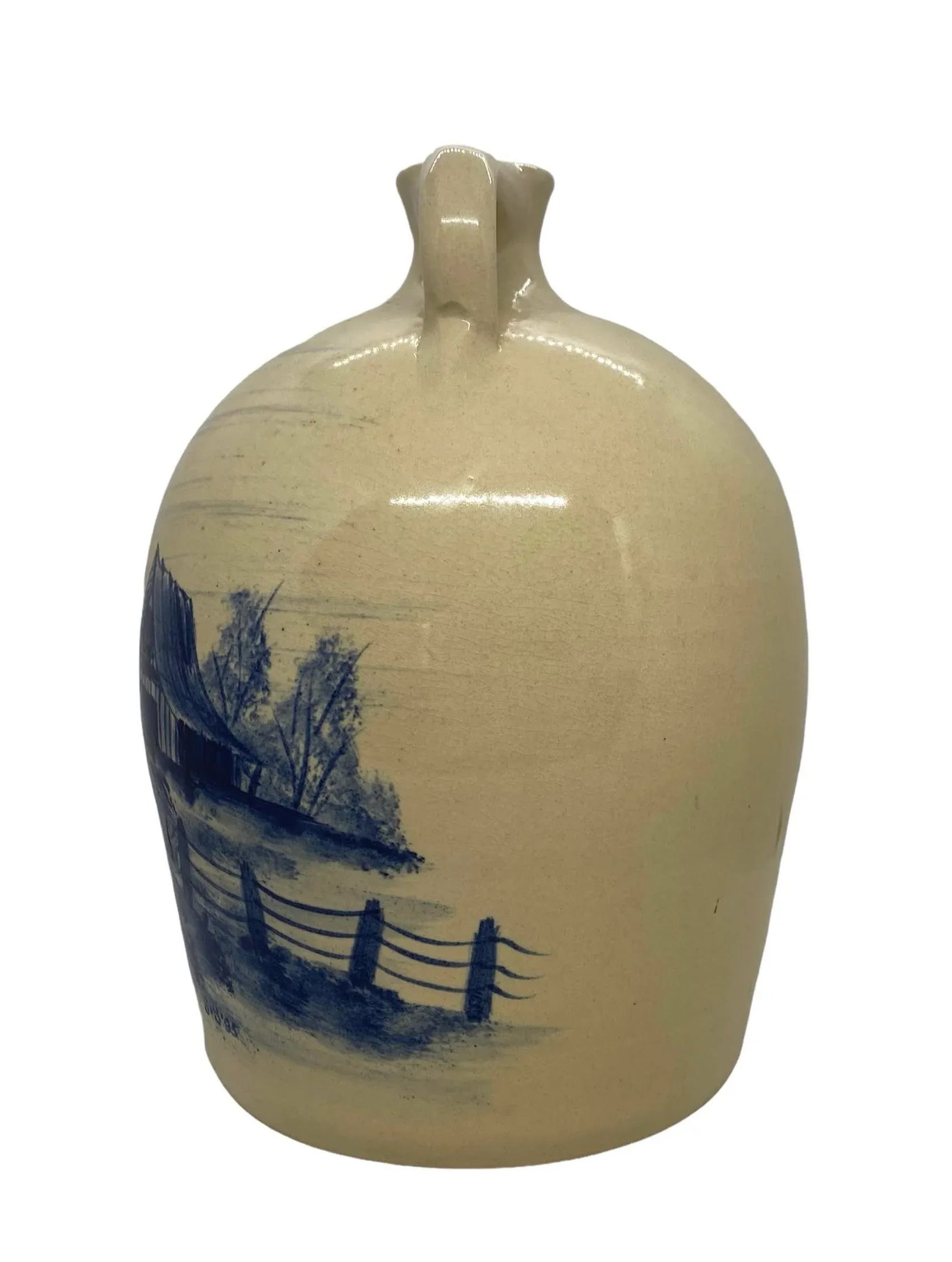 1995 Paul Storie Marshall Texas Hand-Painted Pottery Stoneware Jug With Cobalt Blue Barn and Rustic - 5