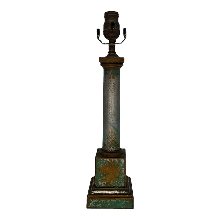 Antique French Green / Silver Neoclassical Tole Painted Table Lamp (1 of 8)