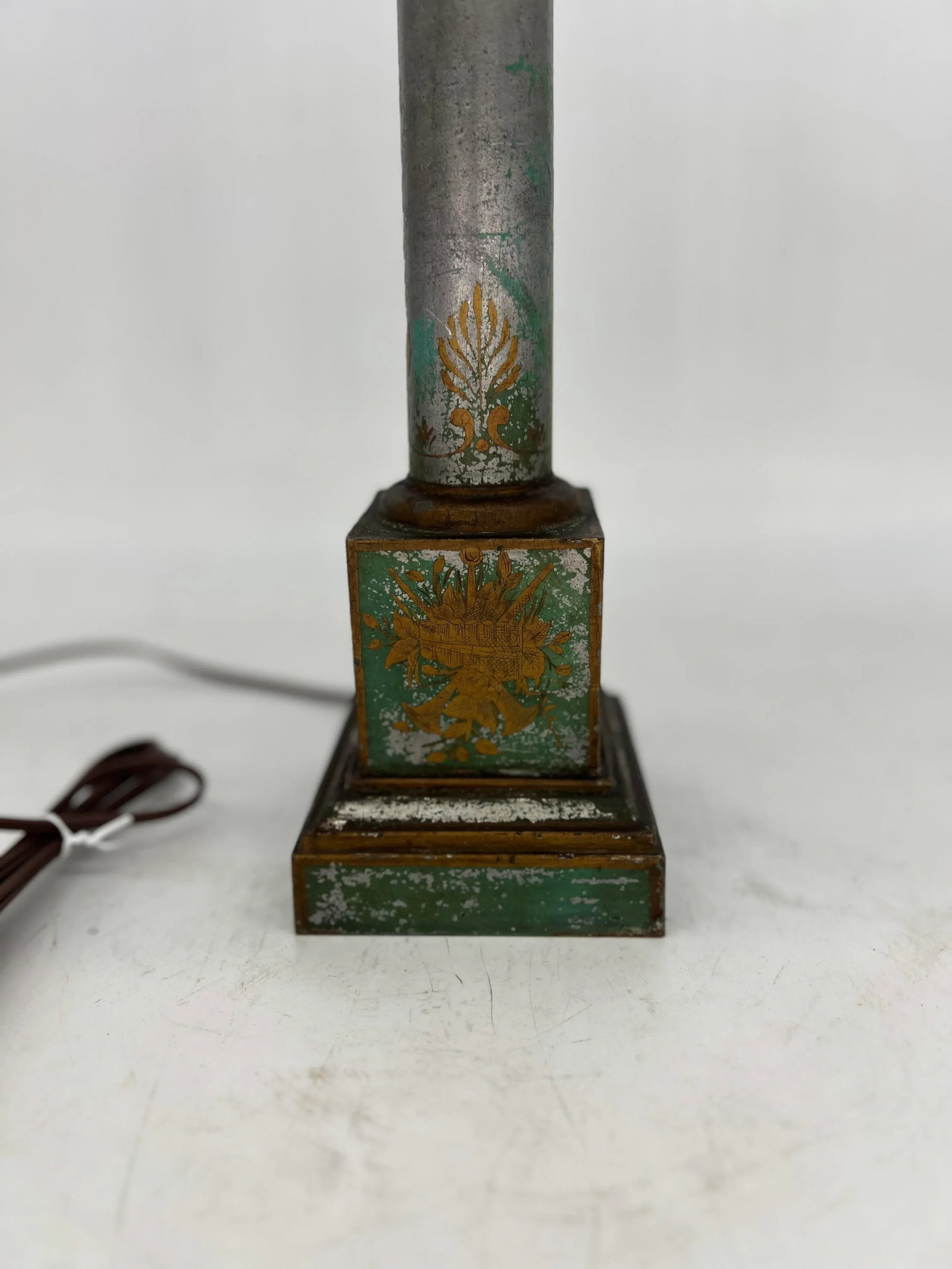 Antique French Green / Silver Neoclassical Tole Painted Table Lamp - 2