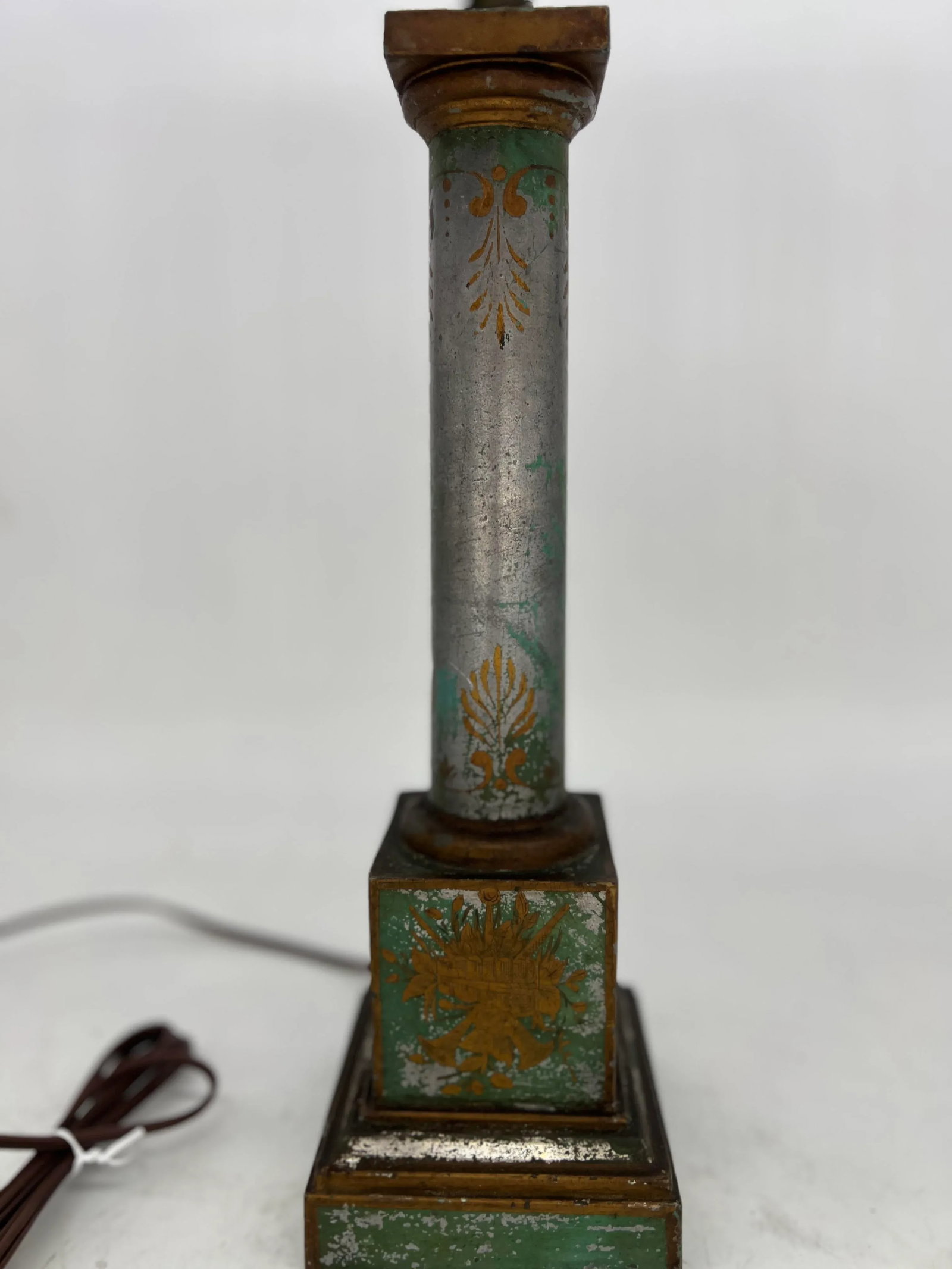 Antique French Green / Silver Neoclassical Tole Painted Table Lamp - 3