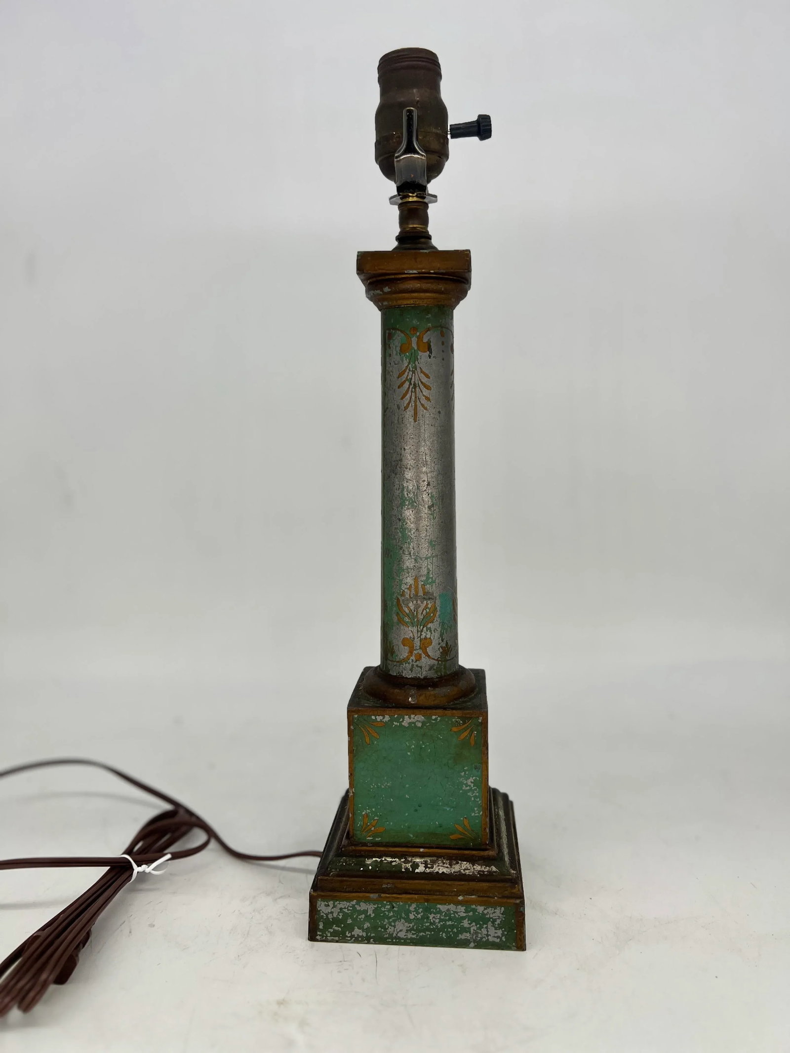 Antique French Green / Silver Neoclassical Tole Painted Table Lamp - 4