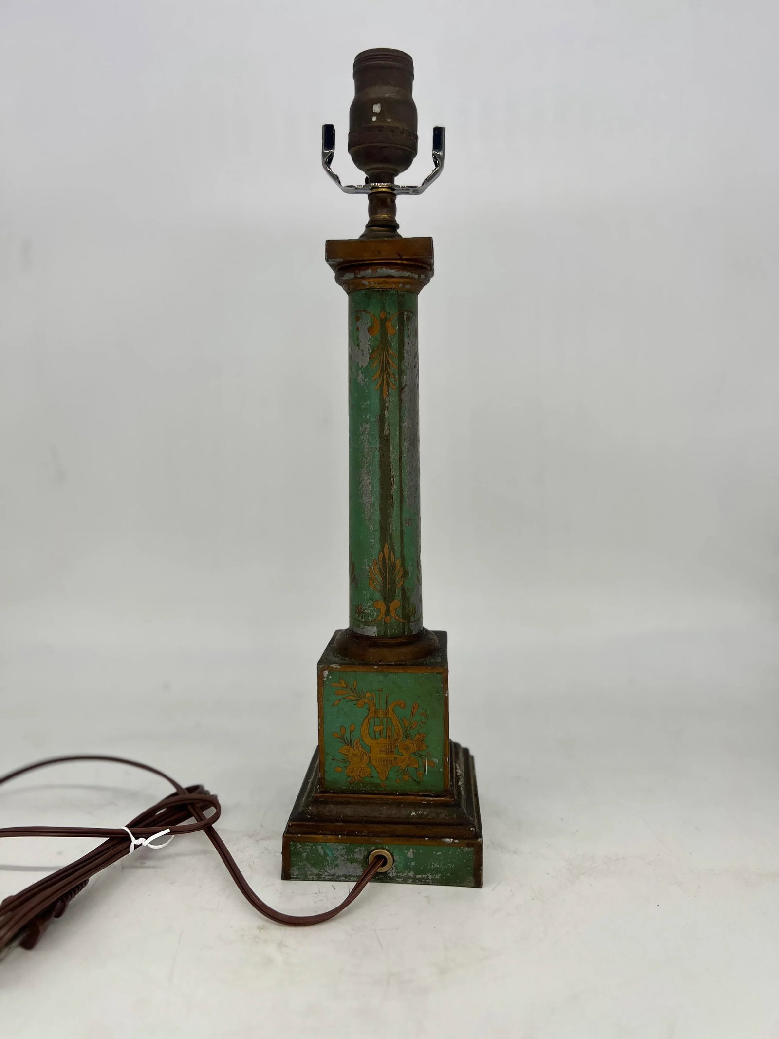 Antique French Green / Silver Neoclassical Tole Painted Table Lamp - 5