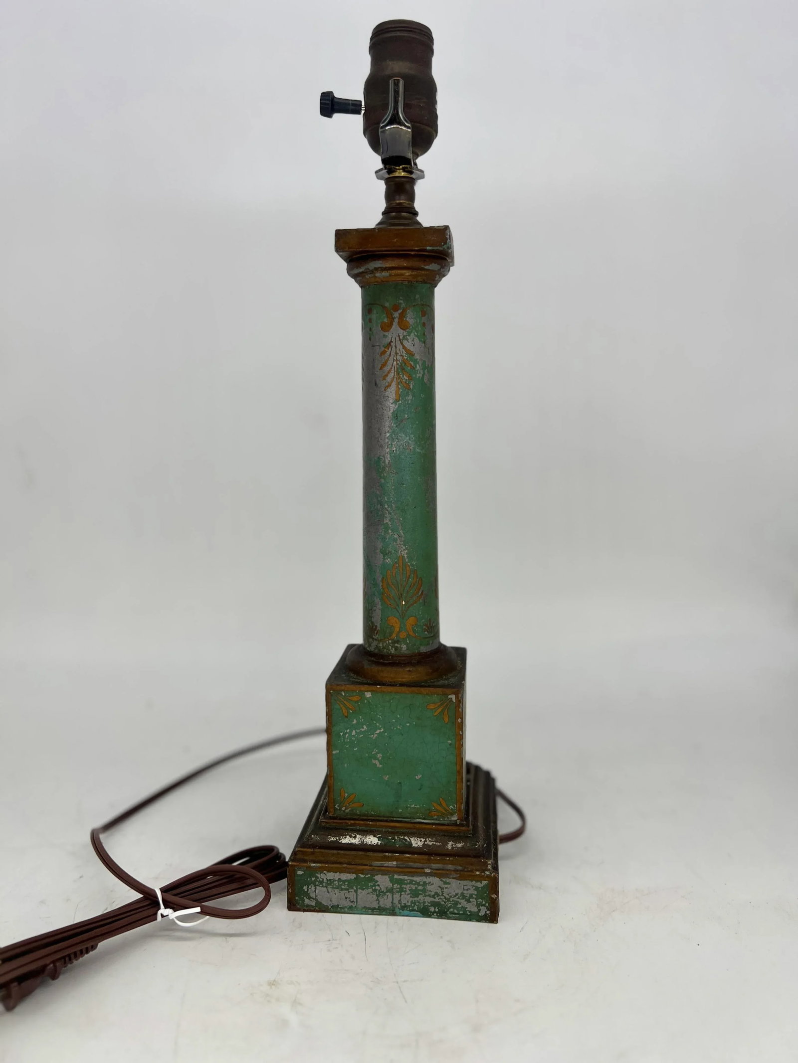 Antique French Green / Silver Neoclassical Tole Painted Table Lamp - 7