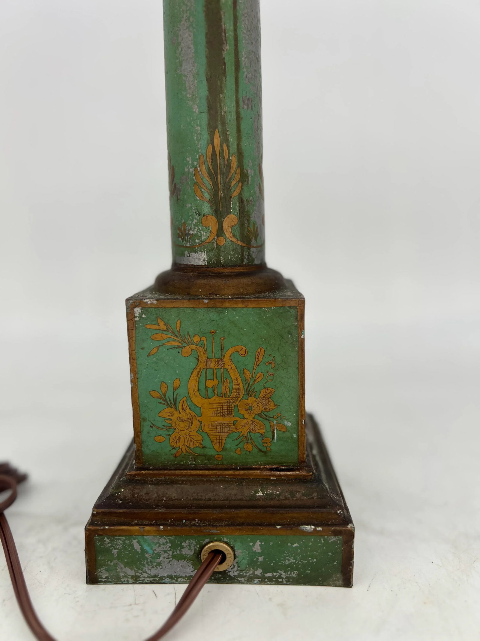 Antique French Green / Silver Neoclassical Tole Painted Table Lamp - 8