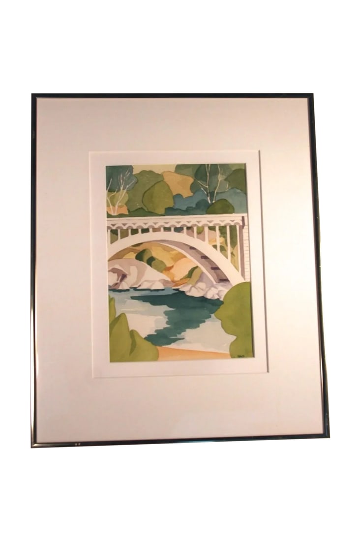 Green & White Bridge Watercolor Painting: A wonderful painting with watercolor mixtures of green pastels contrasting with a serene white bridge. (Unknown artist- signature "EVANS" at the bottom.) Framed in a gold metal frame, glass, and a