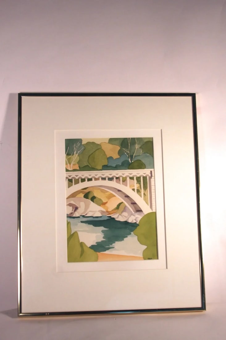 Green & White Bridge Watercolor Painting - 2