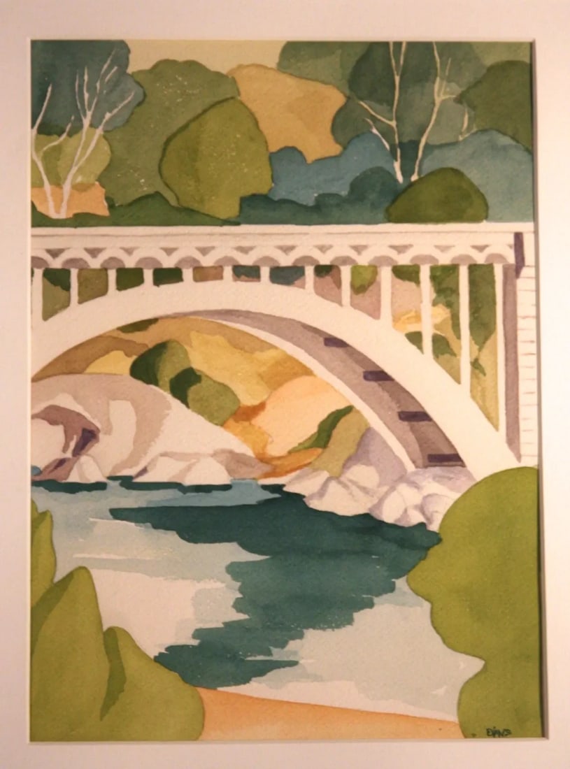 Green & White Bridge Watercolor Painting - 3