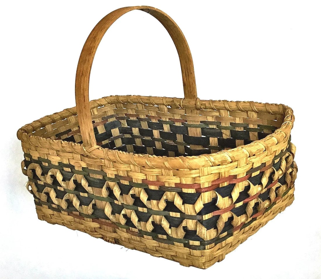 1900s Arts and Crafts Flat Reed With Splint Oak Curls Basket - 13