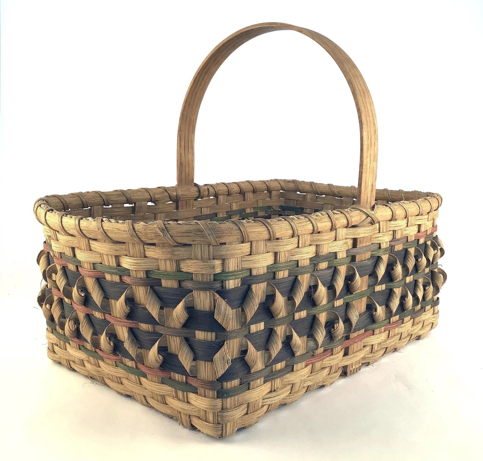 1900s Arts and Crafts Flat Reed With Splint Oak Curls Basket - 4