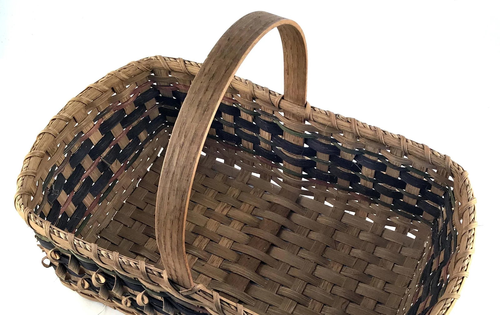 1900s Arts and Crafts Flat Reed With Splint Oak Curls Basket - 8