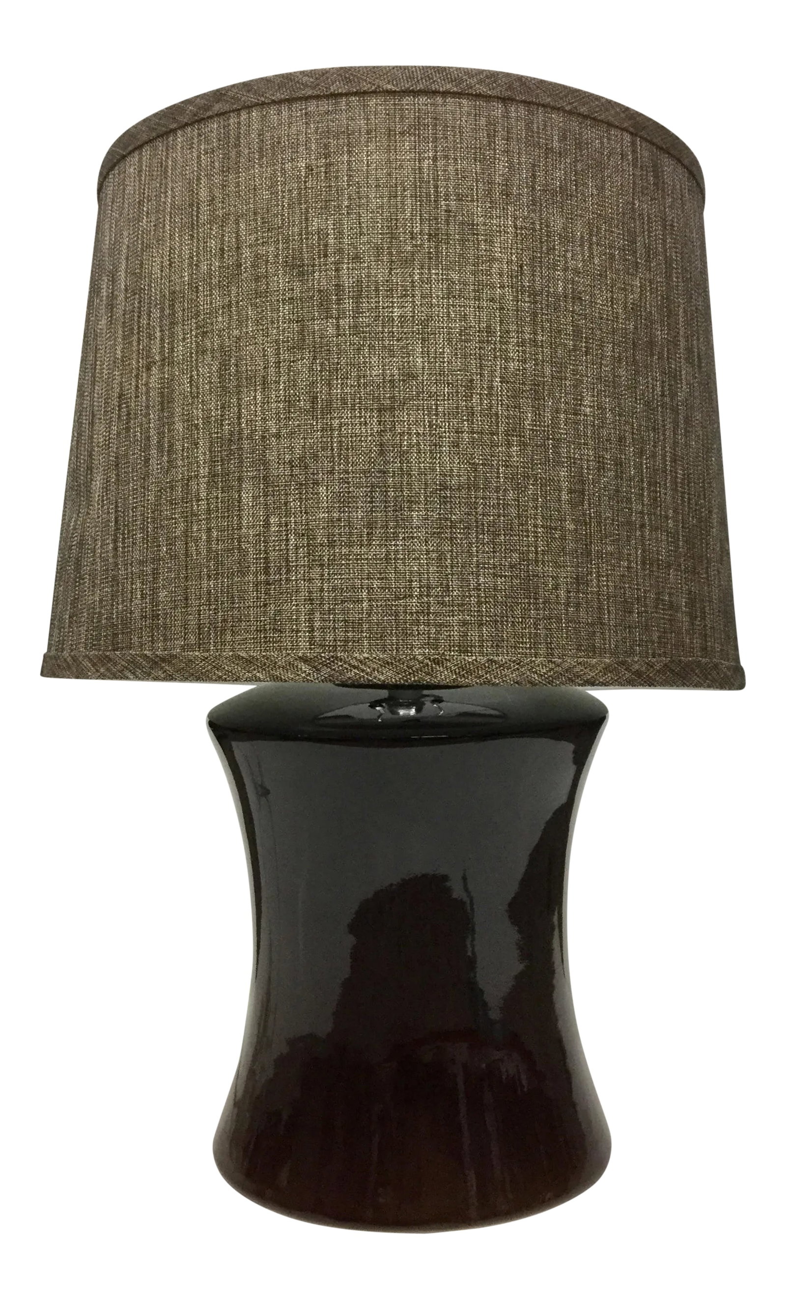 New Safavieh Table Lamp & Shade: This Brutalist blackish brownish Ceramic Table Lamp has been waiting for the right shade to go perfectly with the color and shape of the base. Well they found each other. The shade has a few dents