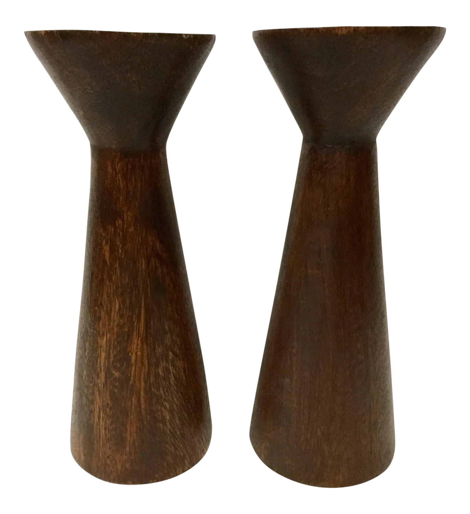 1950s Boho Chic Solid Wood Candle Holders - a Pair: What an absolute cool shape. These are head turners. With or without candles they are a stunning accessory. Anywhere you decide to place them will be a statement. Big and bold. Not sure the type wood