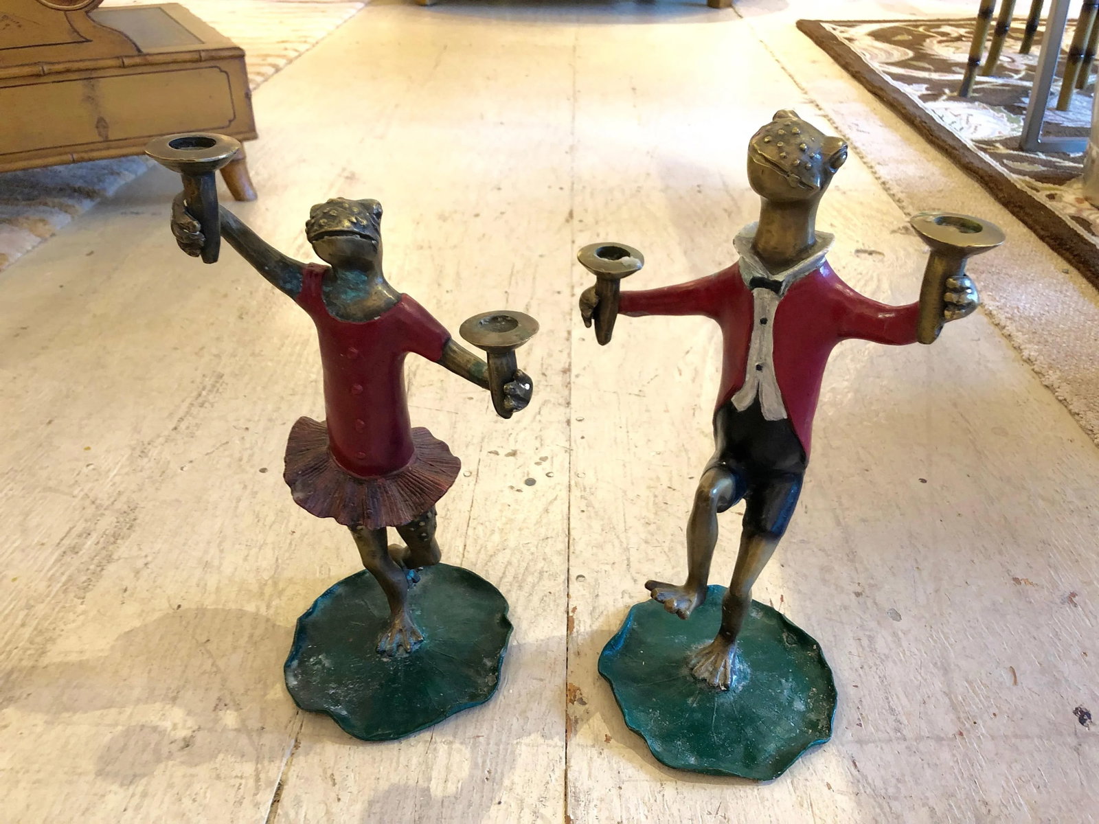 1950s Vintage Painted Bronze Frog Candleholders - a Pair - 11