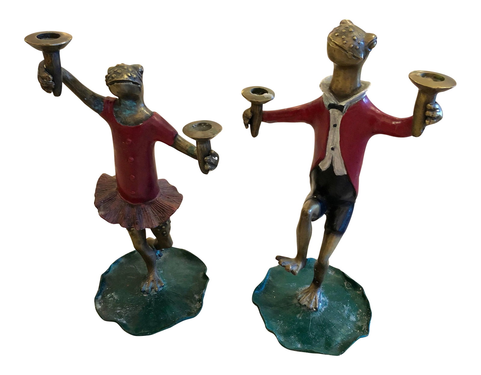 1950s Vintage Painted Bronze Frog Candleholders - a Pair: Charming pair of painted bronze candlesticks, one is a dapper Mr. dancing frog in red jacket, and his partner is a tutu'd frogette, equally jovial. The pair is from the '50s. Condition: Alterations: