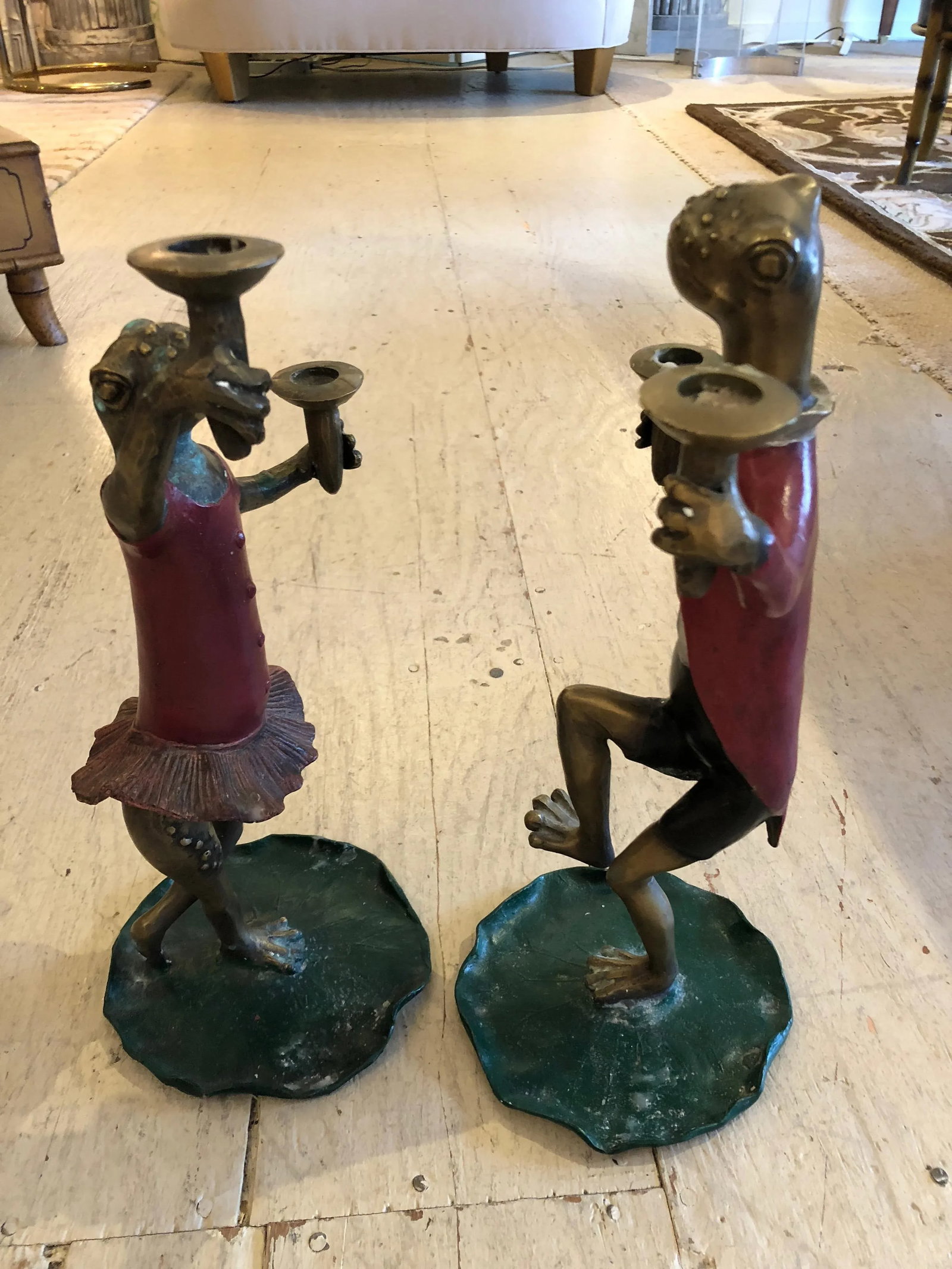 1950s Vintage Painted Bronze Frog Candleholders - a Pair - 7