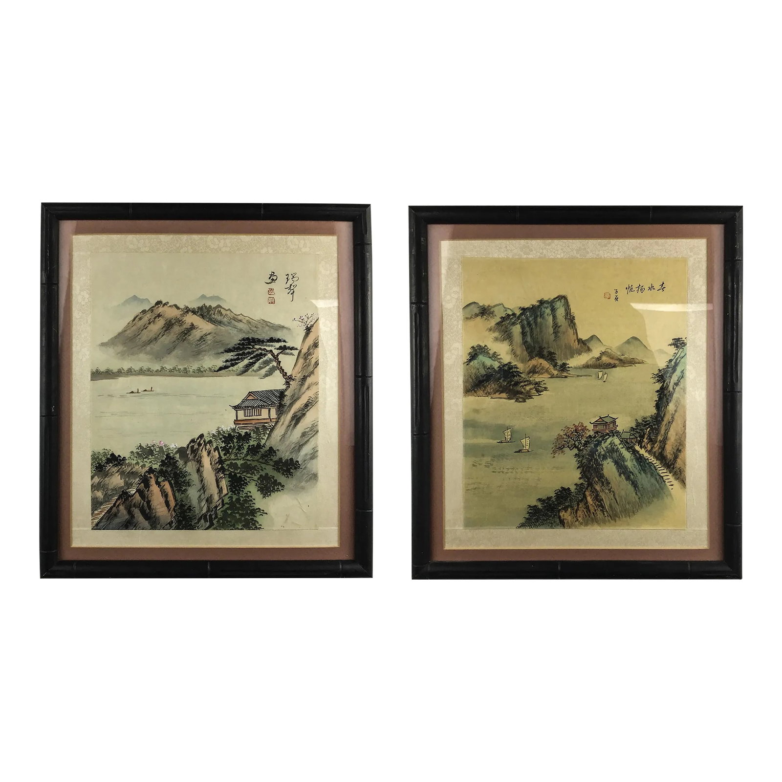 Framed Original Watercolor Paintings Asian Landscapes a Pair: Very mid century style framed works of art. Done with beautiful pale tones of natural colors, and framed in black faux bamboo. Protection is with glass. Both of these are signed and chopped with red