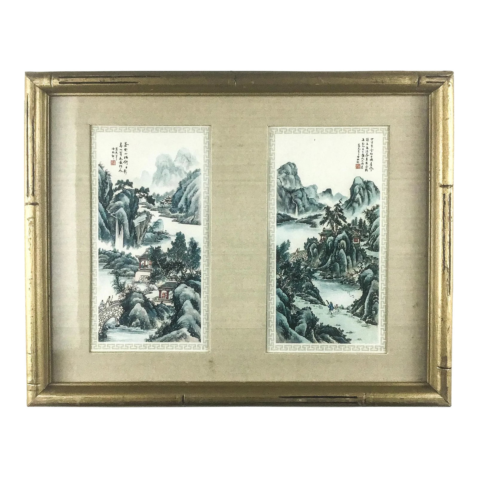 Framed Vintage Print Chinese Landscape: Nice little well framed print pair. The silk and linen matting looks great with the gold painted bamboo carved pattern on the frame. Priced to sell. Add this lovely picture to any place that asks for