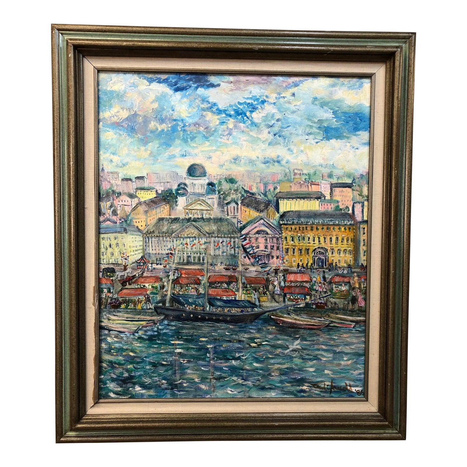 "Afternoon on the Waterfront" - Oil on Canvas 1986 Signed on the Bottom, Framed: This vibrant oil on canvas from 1986 depicts a bustling European port city in full color and movement. With a charming, impressionistic style, the painting captures a lively waterfront scene,