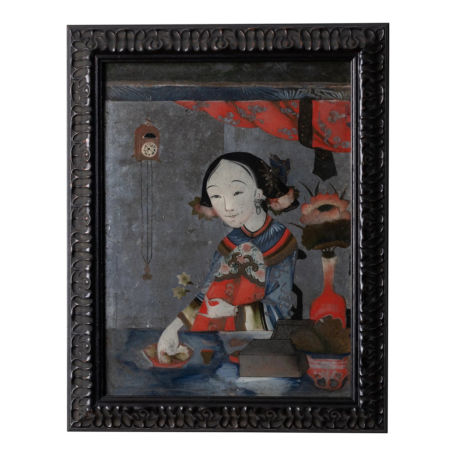 Verre Eglomise Chinese Export Portrait Painting: A verre eglomise Chinese export portrait painting, circa 1900. 15 inches wide by 19 inches tall; 1 1/2 inches deep Condition: Alterations: Original Condition Unaltered Imperfections: Some Imperfection