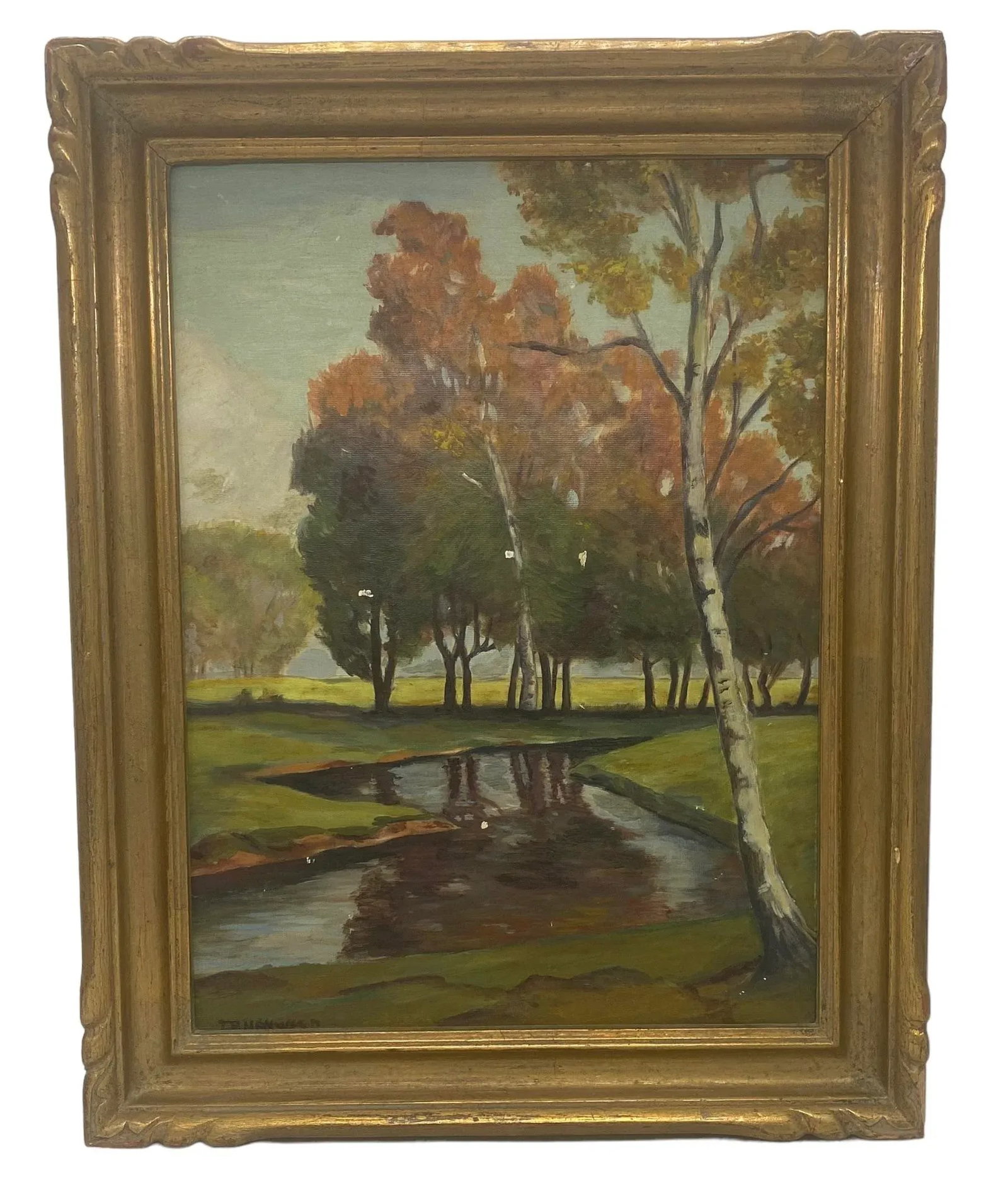 Mid 20th Century Gold Wood Framed Oil on Board "Rustic Landscape" by Artist T. H. Hayward - 12