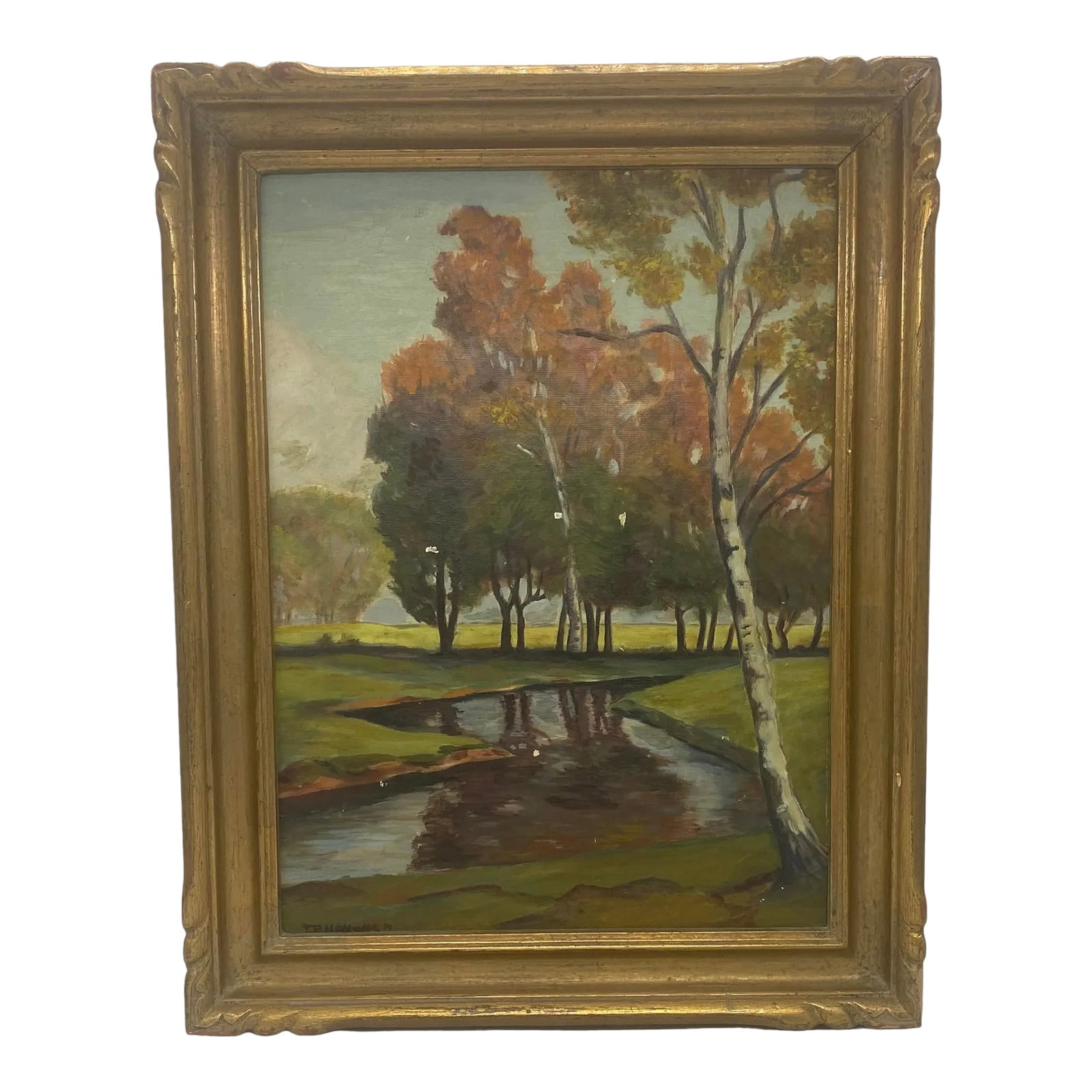 Mid 20th Century Gold Wood Framed Oil on Board "Rustic Landscape" by Artist T. H. Hayward: Mid 20th Century Gold Wood Framed Oil on Board "Rustic Landscape" by Artist T. H. Hayward. This lovely painting is of a flat landscape with a gentle stream flowing between birch, oak and other trees. 