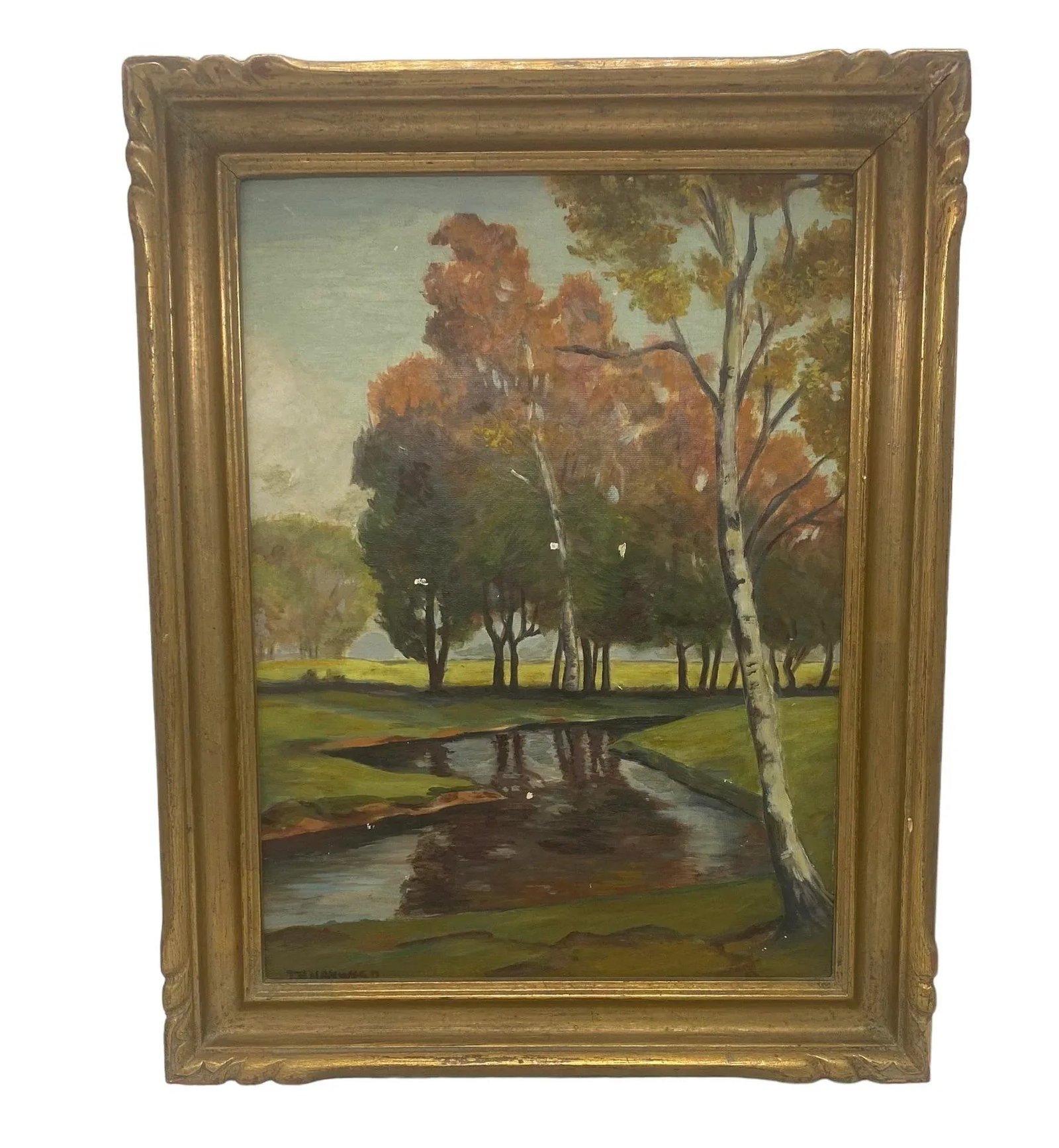 Mid 20th Century Gold Wood Framed Oil on Board "Rustic Landscape" by Artist T. H. Hayward - 2