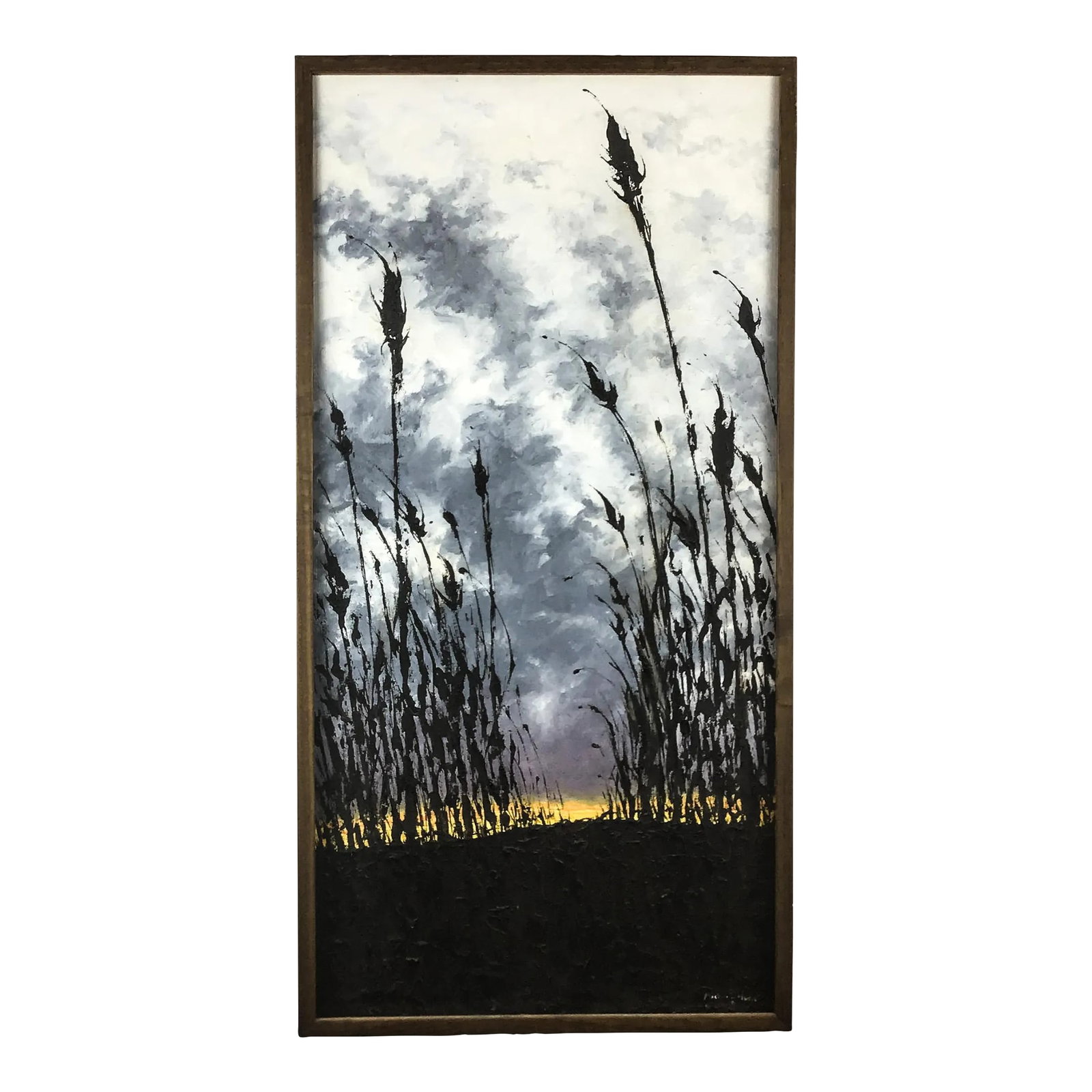 1980's Original Oil Wood Framed Painting Wheat Fields Signed: We have several paintings by unknown artist "Michael Hurst" This painting is unique and well executed with the sunset and graying clouds from a ground perspective. Frame needs a slight cleaning but