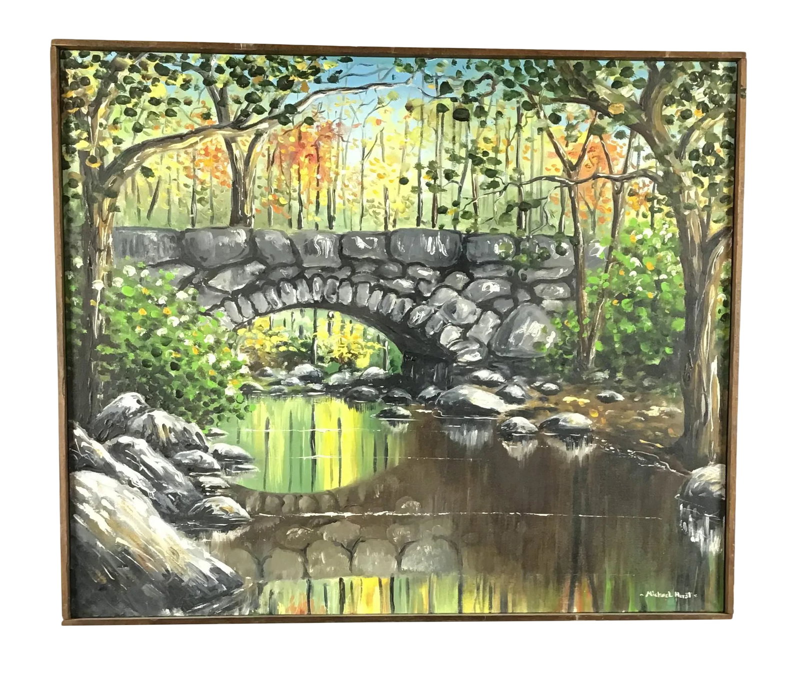 1980s Original Bridge Oil Painting: Nicely detailed oil painting signed by Michael Hurst. Well executed in an impressionist style. The colors are beautiful and the scenery could be pretty much anywhere in the USA. Condition: Alterations