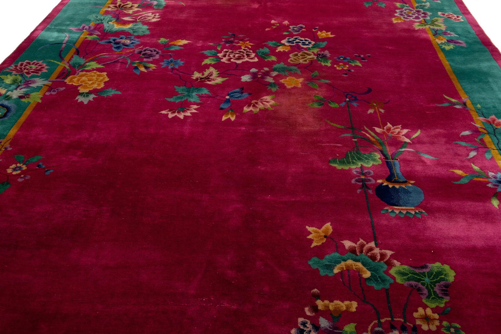 Room Size Vintage Art Deco Wool Rug Handmade With Chinese Floral Motif - 10
