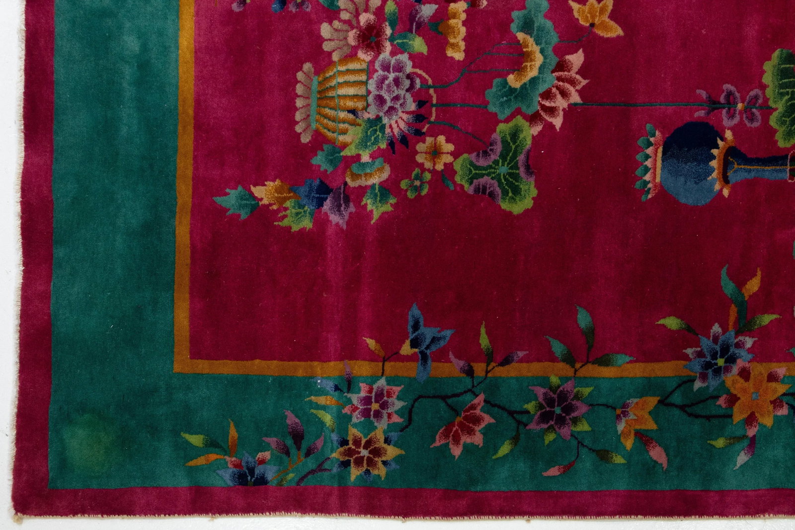 Room Size Vintage Art Deco Wool Rug Handmade With Chinese Floral Motif - 12