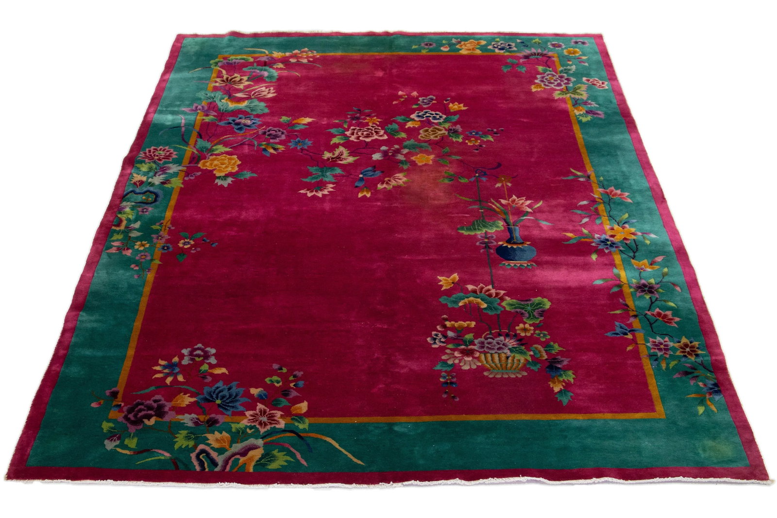 Room Size Vintage Art Deco Wool Rug Handmade With Chinese Floral Motif - 2