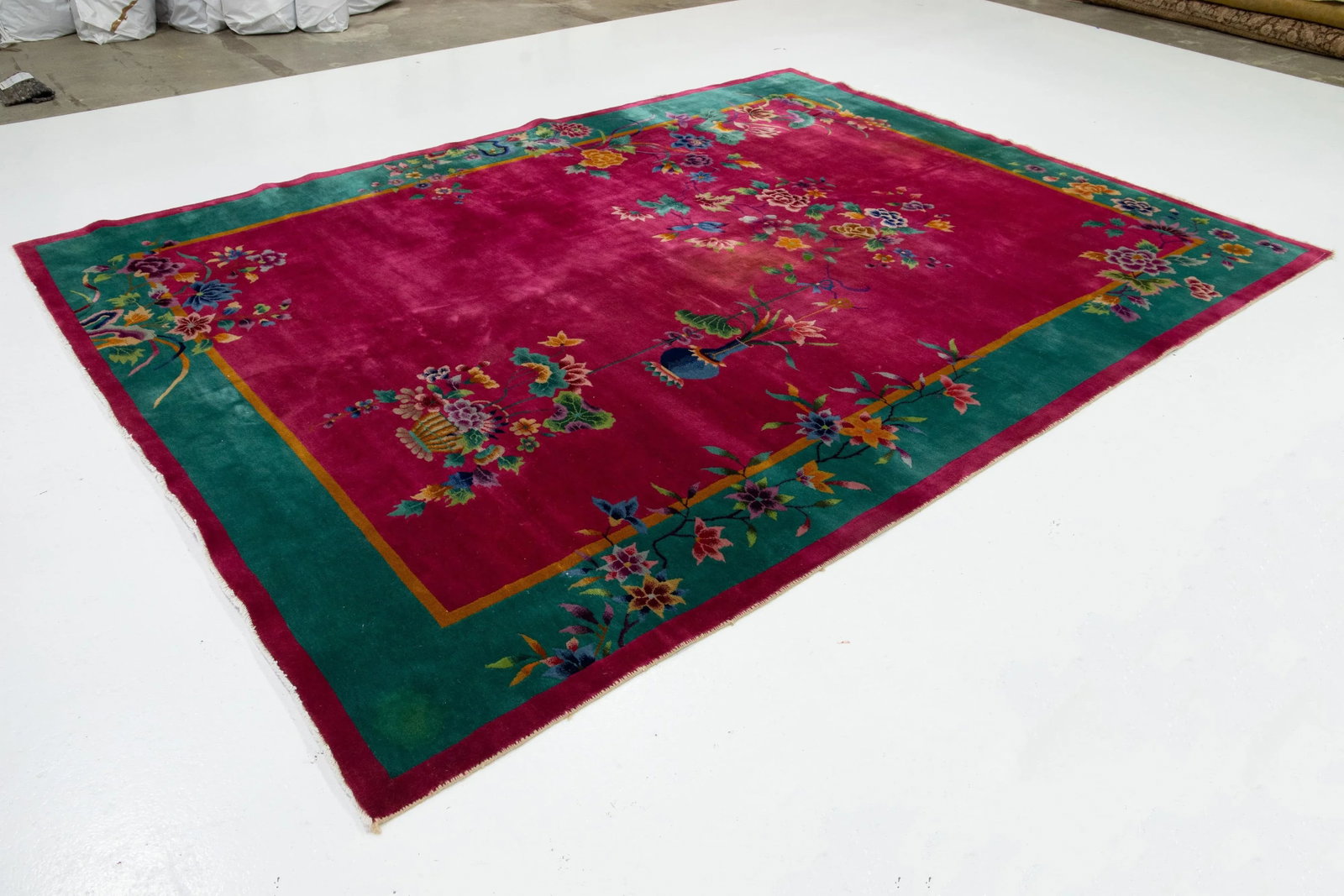 Room Size Vintage Art Deco Wool Rug Handmade With Chinese Floral Motif - 3