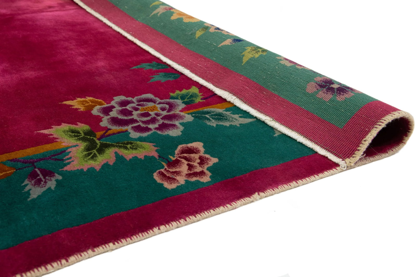 Room Size Vintage Art Deco Wool Rug Handmade With Chinese Floral Motif - 4