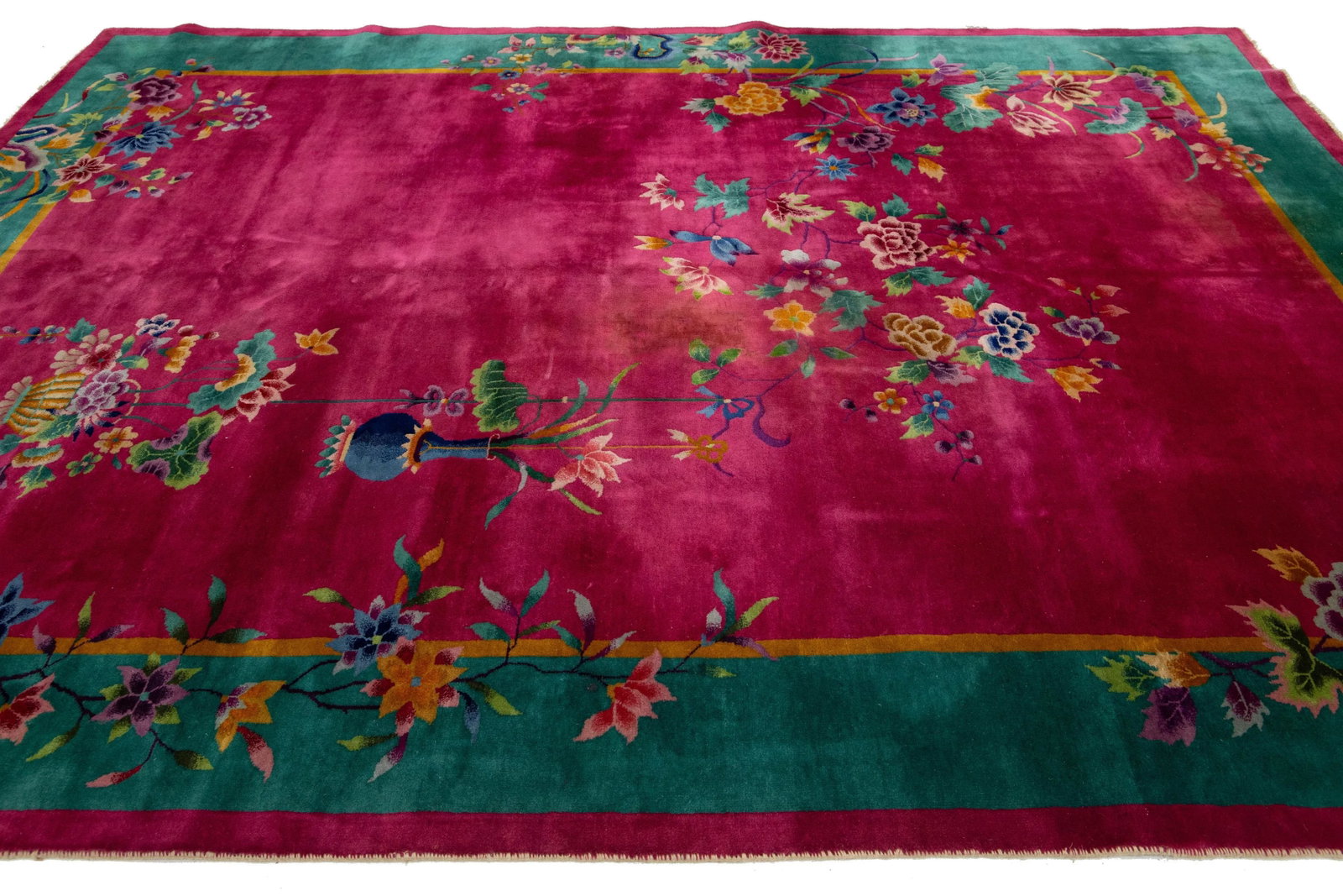 Room Size Vintage Art Deco Wool Rug Handmade With Chinese Floral Motif - 6