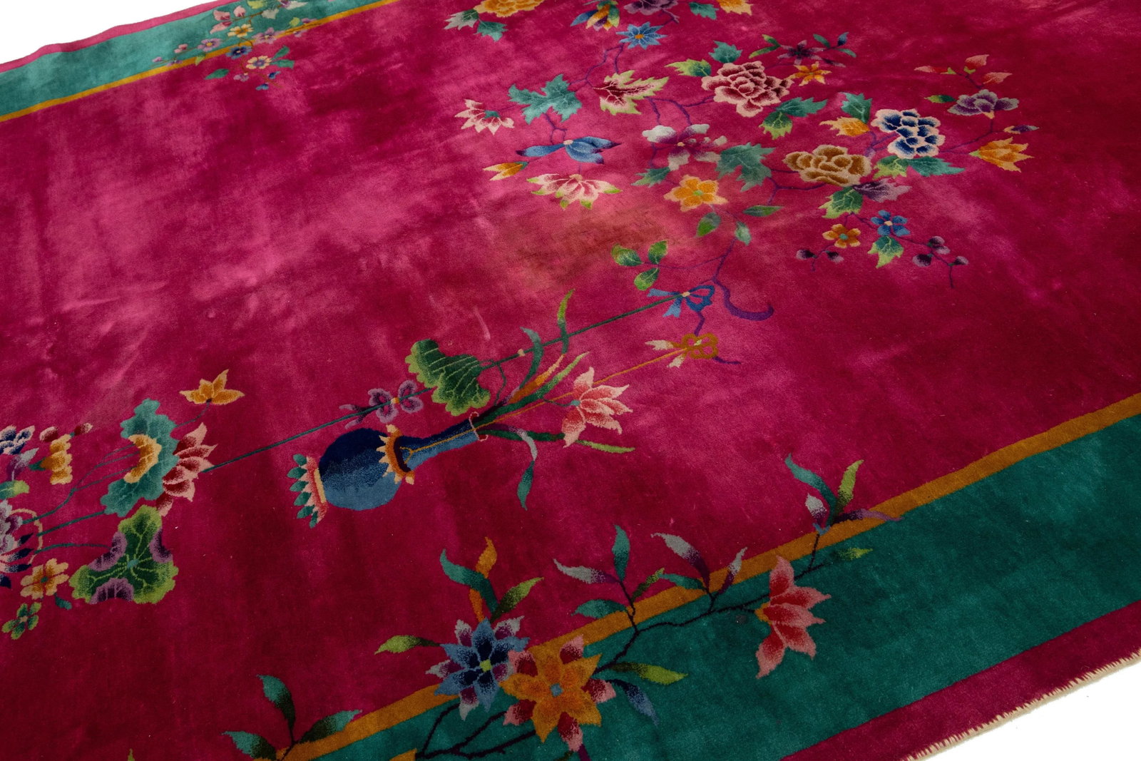 Room Size Vintage Art Deco Wool Rug Handmade With Chinese Floral Motif - 7