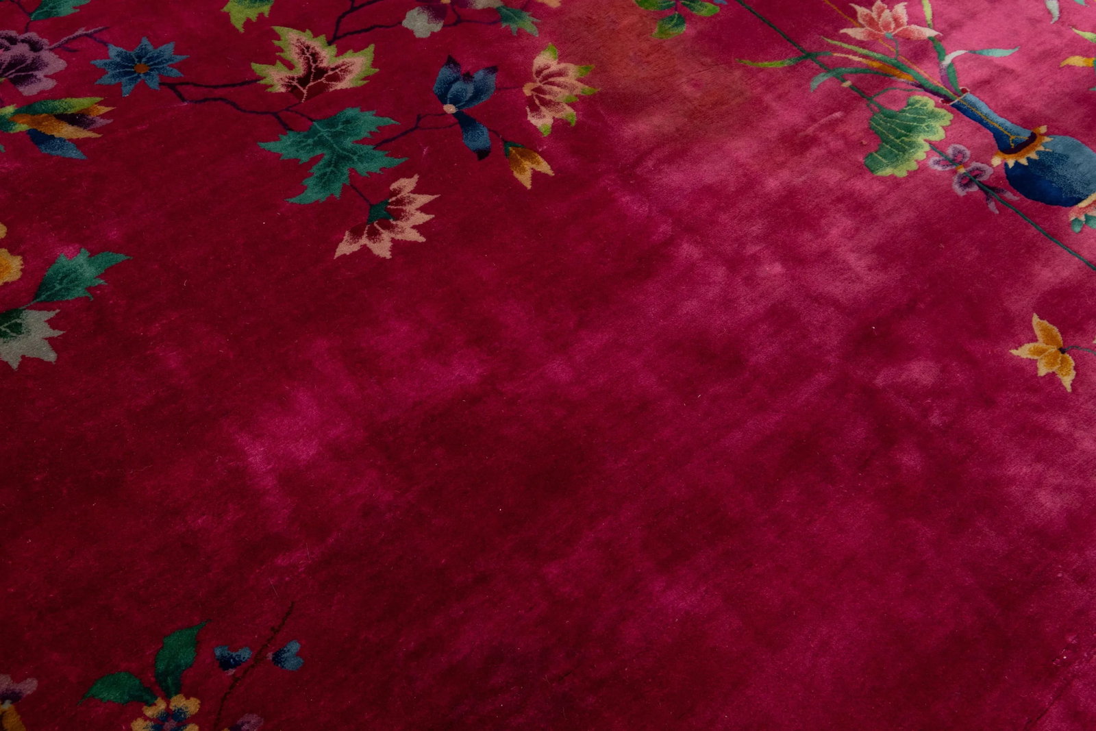 Room Size Vintage Art Deco Wool Rug Handmade With Chinese Floral Motif - 9